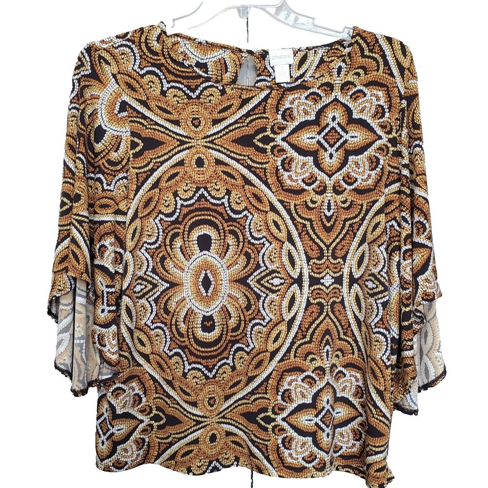 Chico's Medallion Print Flared Sleeve Keyhole Back Stretchy Blouse Size 2 Large